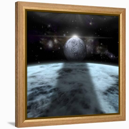 A Moon Rises Above a Stormy Gas Giant Planet-null-Framed Stretched Canvas