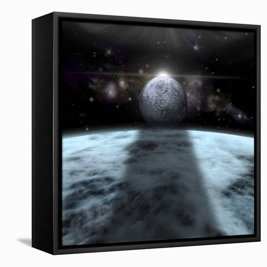 A Moon Rises Above a Stormy Gas Giant Planet-null-Framed Stretched Canvas