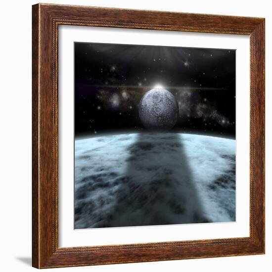 A Moon Rises Above a Stormy Gas Giant Planet-null-Framed Art Print