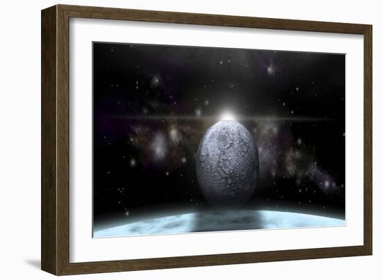 A Moon Rises Above a Stormy Gas Giant Planet-null-Framed Art Print