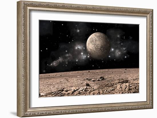 A Moon Rises over a Rocky and Barren Alien Landscape-null-Framed Art Print