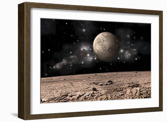 A Moon Rises over a Rocky and Barren Alien Landscape-null-Framed Art Print