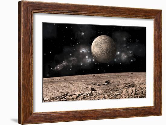 A Moon Rises over a Rocky and Barren Alien Landscape-null-Framed Art Print