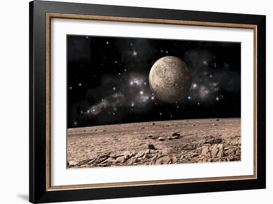 A Moon Rises over a Rocky and Barren Alien Landscape-null-Framed Art Print