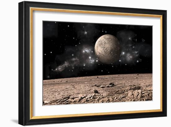 A Moon Rises over a Rocky and Barren Alien Landscape-null-Framed Art Print