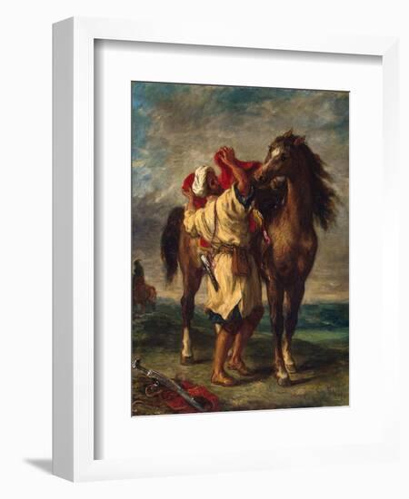 A Moroccan Saddling His Horse, 1855-Eugene Delacroix-Framed Giclee Print