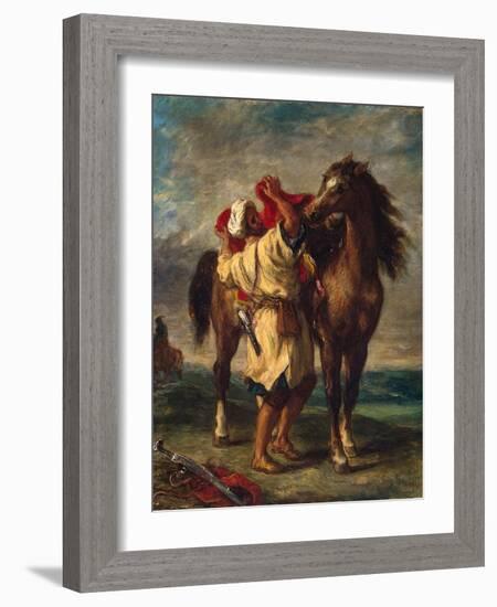 A Moroccan Saddling His Horse, 1855-Eugene Delacroix-Framed Giclee Print