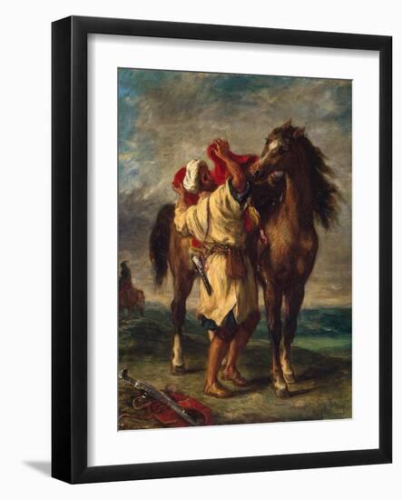 A Moroccan Saddling His Horse, 1855-Eugene Delacroix-Framed Giclee Print