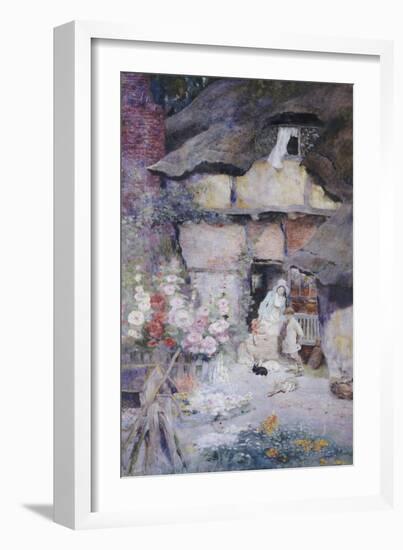 A Mother and Children Feeding Rabbits at the Door of a Thatched Cottage-David Woodlock-Framed Giclee Print