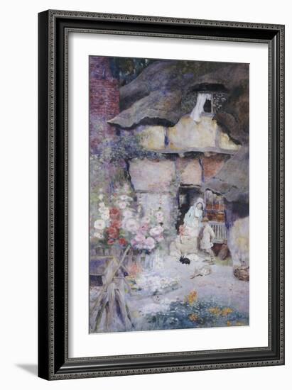 A Mother and Children Feeding Rabbits at the Door of a Thatched Cottage-David Woodlock-Framed Giclee Print