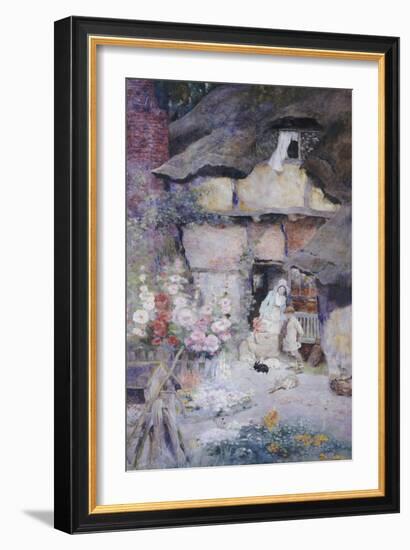 A Mother and Children Feeding Rabbits at the Door of a Thatched Cottage-David Woodlock-Framed Giclee Print