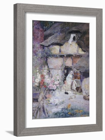 A Mother and Children Feeding Rabbits at the Door of a Thatched Cottage-David Woodlock-Framed Giclee Print