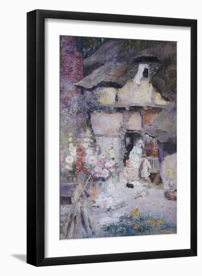 A Mother and Children Feeding Rabbits at the Door of a Thatched Cottage-David Woodlock-Framed Giclee Print