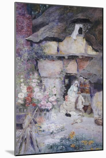 A Mother and Children Feeding Rabbits at the Door of a Thatched Cottage-David Woodlock-Mounted Giclee Print