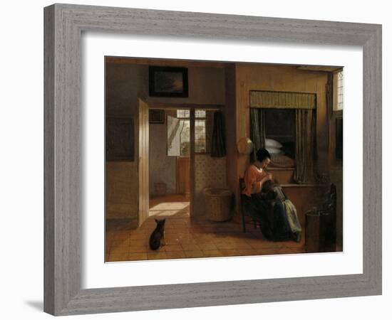 A Mother Delousing Her Childs Hair-Pieter de Hooch-Framed Art Print