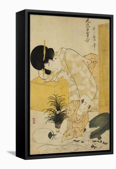A Mother Dozing While Her Child Topples a Fish Bowl-Kitagawa Utamaro-Framed Premier Image Canvas