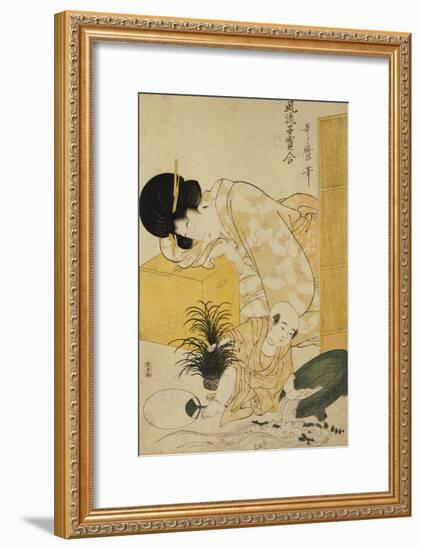 A Mother Dozing While Her Child Topples a Fish Bowl-Kitagawa Utamaro-Framed Giclee Print