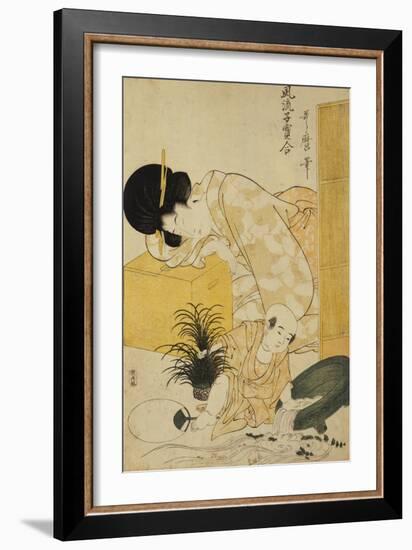 A Mother Dozing While Her Child Topples a Fish Bowl-Kitagawa Utamaro-Framed Giclee Print