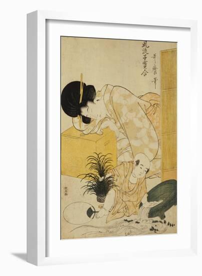 A Mother Dozing While Her Child Topples a Fish Bowl-Kitagawa Utamaro-Framed Giclee Print