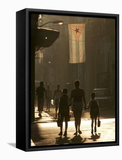 A Mother Walks Her Children to School in Old Havana, Cuba-null-Framed Premier Image Canvas