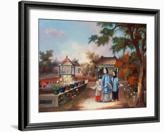 A Mother with Her Children in a Chinese Garden, circa 1850-null-Framed Giclee Print