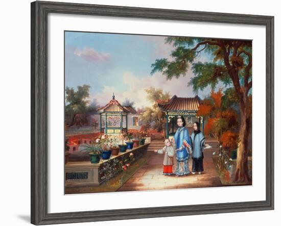 A Mother with Her Children in a Chinese Garden, circa 1850-null-Framed Giclee Print