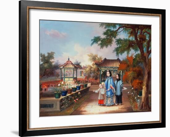 A Mother with Her Children in a Chinese Garden, circa 1850-null-Framed Giclee Print