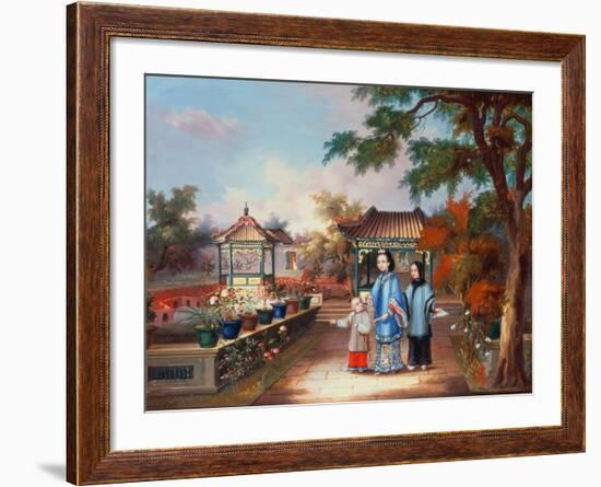 A Mother with Her Children in a Chinese Garden, circa 1850-null-Framed Giclee Print