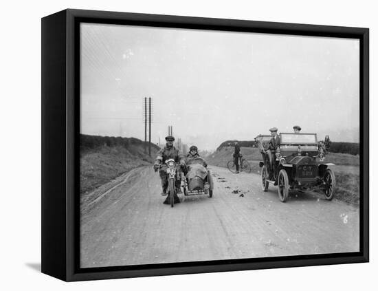 A Motorcycle and Sidecar Passing a Car and Cyclist on the Road-null-Framed Premier Image Canvas
