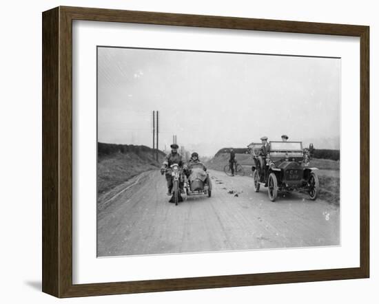 A Motorcycle and Sidecar Passing a Car and Cyclist on the Road-null-Framed Photographic Print