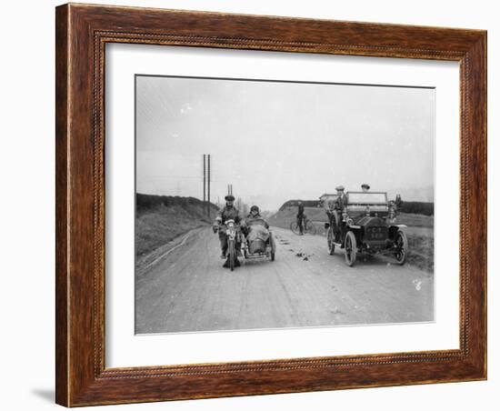 A Motorcycle and Sidecar Passing a Car and Cyclist on the Road-null-Framed Photographic Print