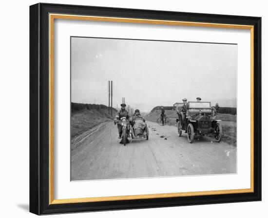 A Motorcycle and Sidecar Passing a Car and Cyclist on the Road-null-Framed Photographic Print