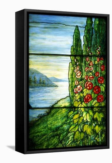 A Mountainous Lake Scene with Red Blossoming Hollyhocks and Arbor-Tiffany Studios-Framed Premier Image Canvas