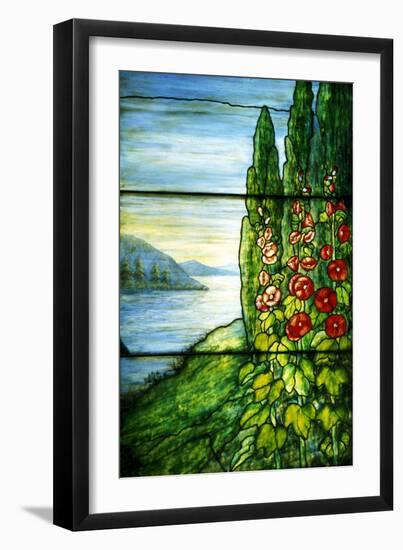 A Mountainous Lake Scene with Red Blossoming Hollyhocks and Arbor-Tiffany Studios-Framed Giclee Print