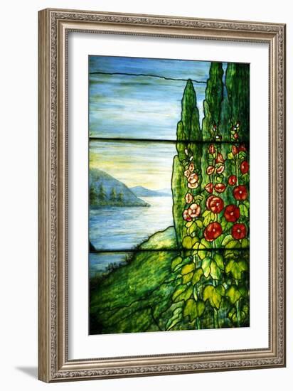 A Mountainous Lake Scene with Red Blossoming Hollyhocks and Arbor-Tiffany Studios-Framed Giclee Print