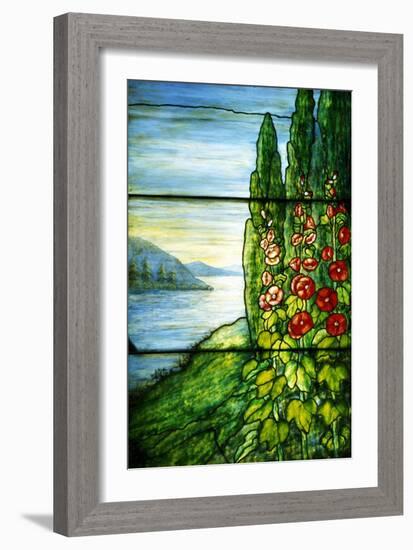 A Mountainous Lake Scene with Red Blossoming Hollyhocks and Arbor-Tiffany Studios-Framed Giclee Print