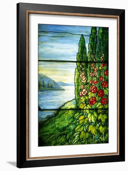 A Mountainous Lake Scene with Red Blossoming Hollyhocks and Arbor-Tiffany Studios-Framed Giclee Print