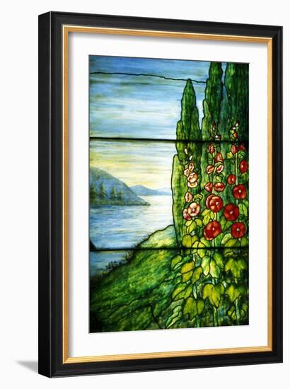 A Mountainous Lake Scene with Red Blossoming Hollyhocks and Arbor-Tiffany Studios-Framed Giclee Print