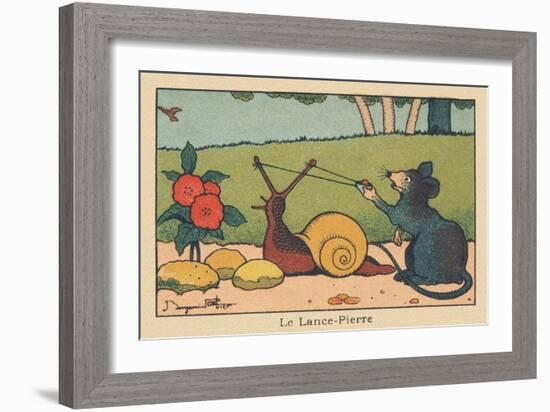 A Mouse Uses the Horns of a Snail like a Slingshot.” the Rock Spear” ,1936 (Illustration)-Benjamin Rabier-Framed Giclee Print