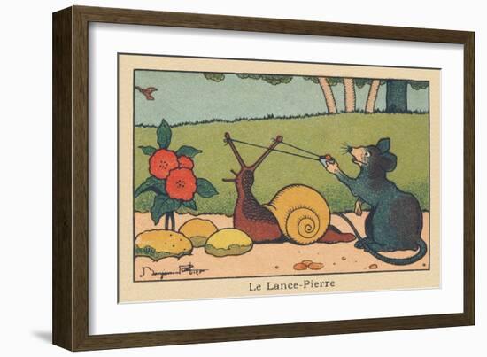 A Mouse Uses the Horns of a Snail like a Slingshot.” the Rock Spear” ,1936 (Illustration)-Benjamin Rabier-Framed Giclee Print