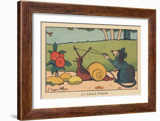 A Mouse Uses the Horns of a Snail like a Slingshot.” the Rock Spear” ,1936 (Illustration)-Benjamin Rabier-Framed Giclee Print