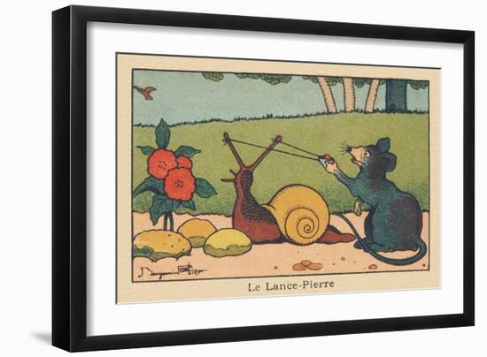 A Mouse Uses the Horns of a Snail like a Slingshot.” the Rock Spear” ,1936 (Illustration)-Benjamin Rabier-Framed Giclee Print