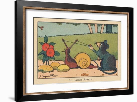 A Mouse Uses the Horns of a Snail like a Slingshot.” the Rock Spear” ,1936 (Illustration)-Benjamin Rabier-Framed Giclee Print