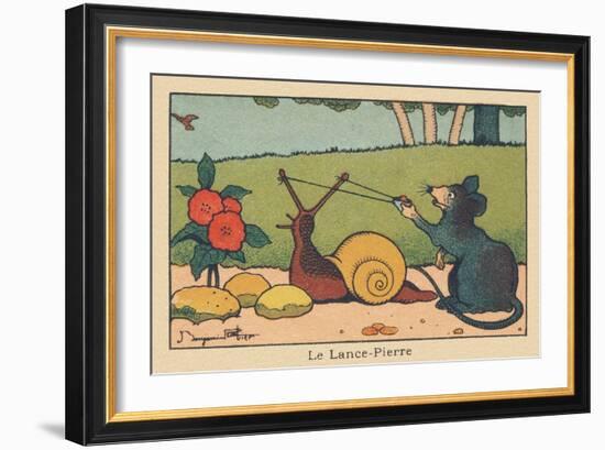 A Mouse Uses the Horns of a Snail like a Slingshot.” the Rock Spear” ,1936 (Illustration)-Benjamin Rabier-Framed Giclee Print