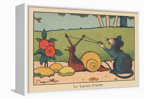 A Mouse Uses the Horns of a Snail like a Slingshot.” the Rock Spear” ,1936 (Illustration)-Benjamin Rabier-Framed Premier Image Canvas