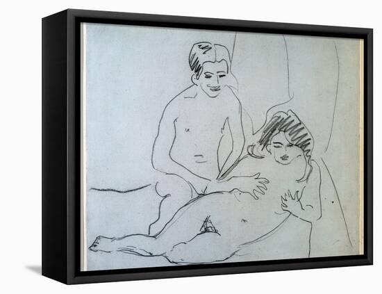 A Naked Couple Lying on A Bed (Drawing, 20Th Century)-Ernst Ludwig Kirchner-Framed Premier Image Canvas