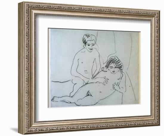 A Naked Couple Lying on A Bed (Drawing, 20Th Century)-Ernst Ludwig Kirchner-Framed Giclee Print