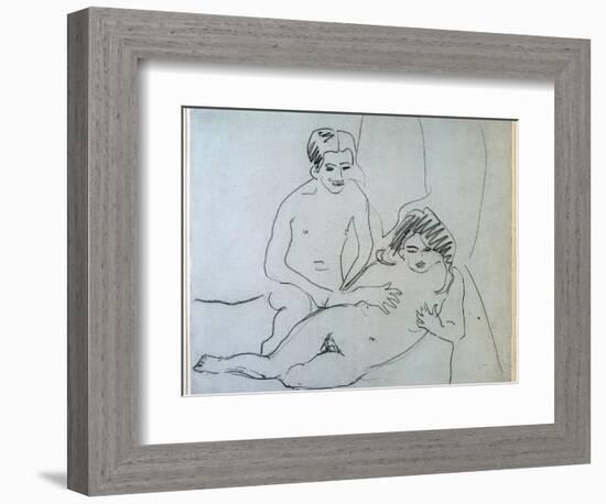 A Naked Couple Lying on A Bed (Drawing, 20Th Century)-Ernst Ludwig Kirchner-Framed Giclee Print