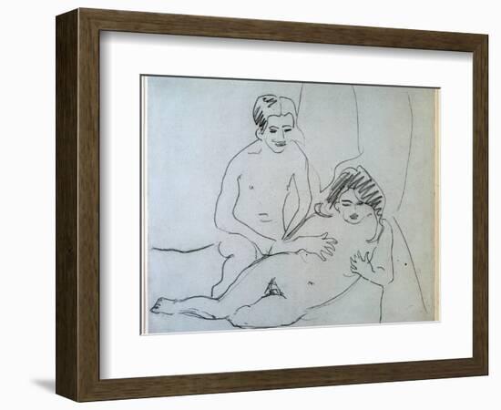 A Naked Couple Lying on A Bed (Drawing, 20Th Century)-Ernst Ludwig Kirchner-Framed Giclee Print