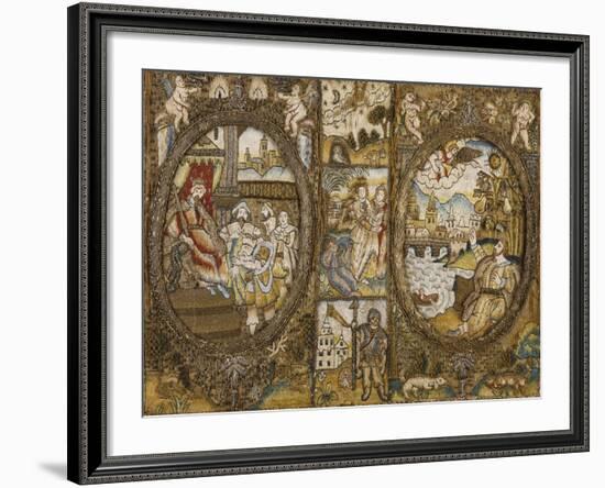 A Needlework Book Binding Depicting Religious Scenes with a Seated King and an Angel-null-Framed Giclee Print